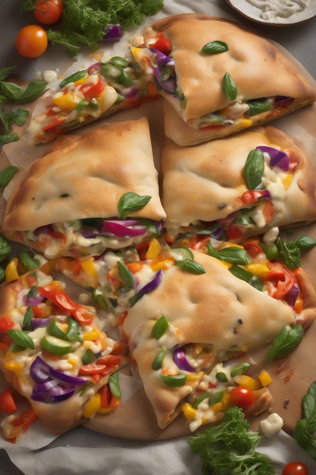 A high-resolution photo of a veggie supreme calzone bursting with colorful vegetables and cheese, under soft lighting.