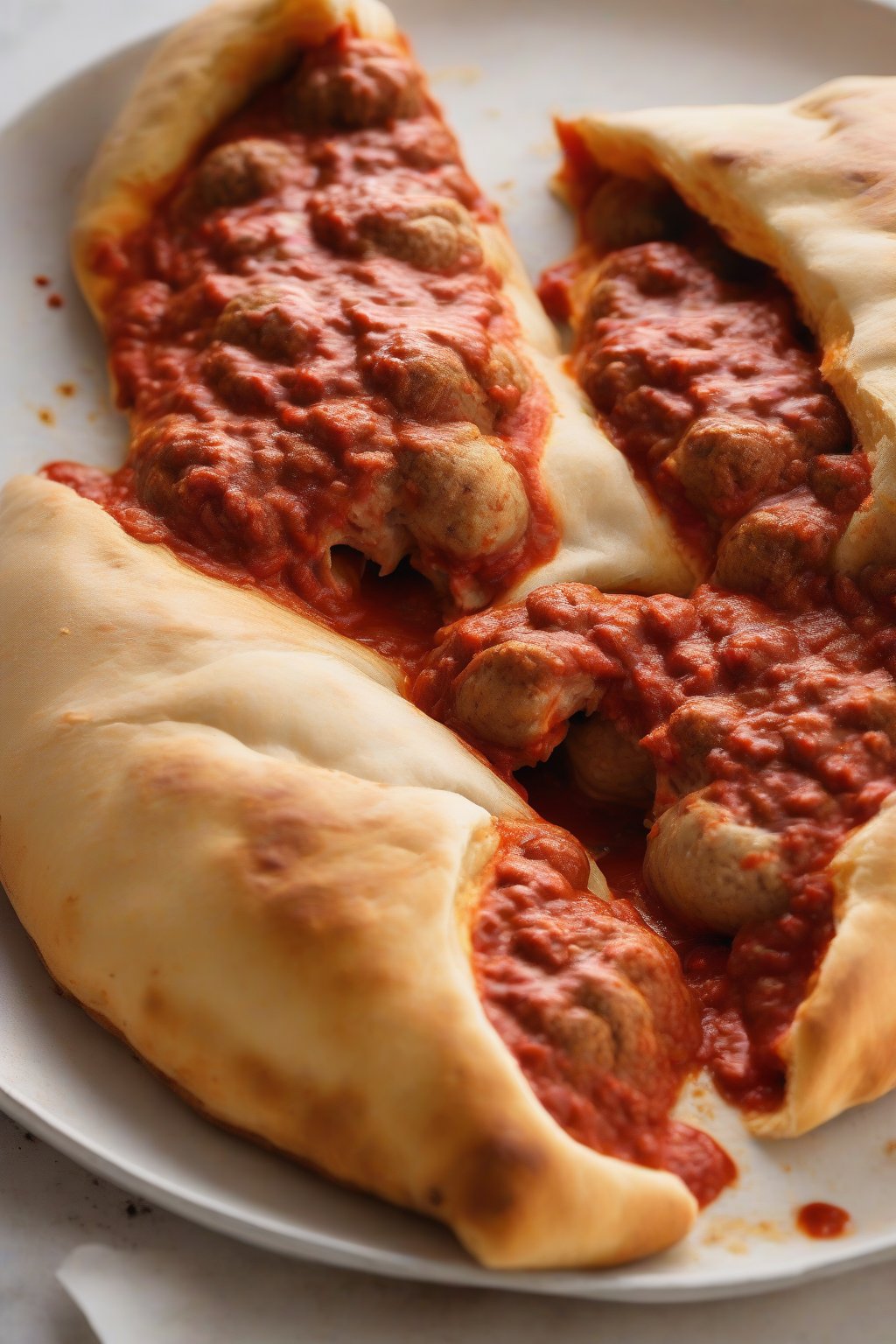 A high-resolution photo of a meatball marinara calzone with sauce seeping out, meatballs visible in cross-section, under soft lighting.