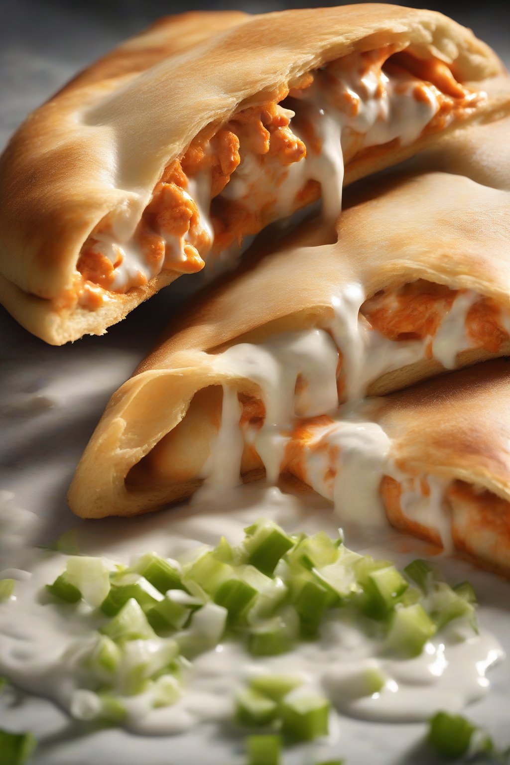 A high-resolution photo of a buffalo chicken calzone with ranch drizzle and celery garnish, spicy steam escaping, under soft lighting.