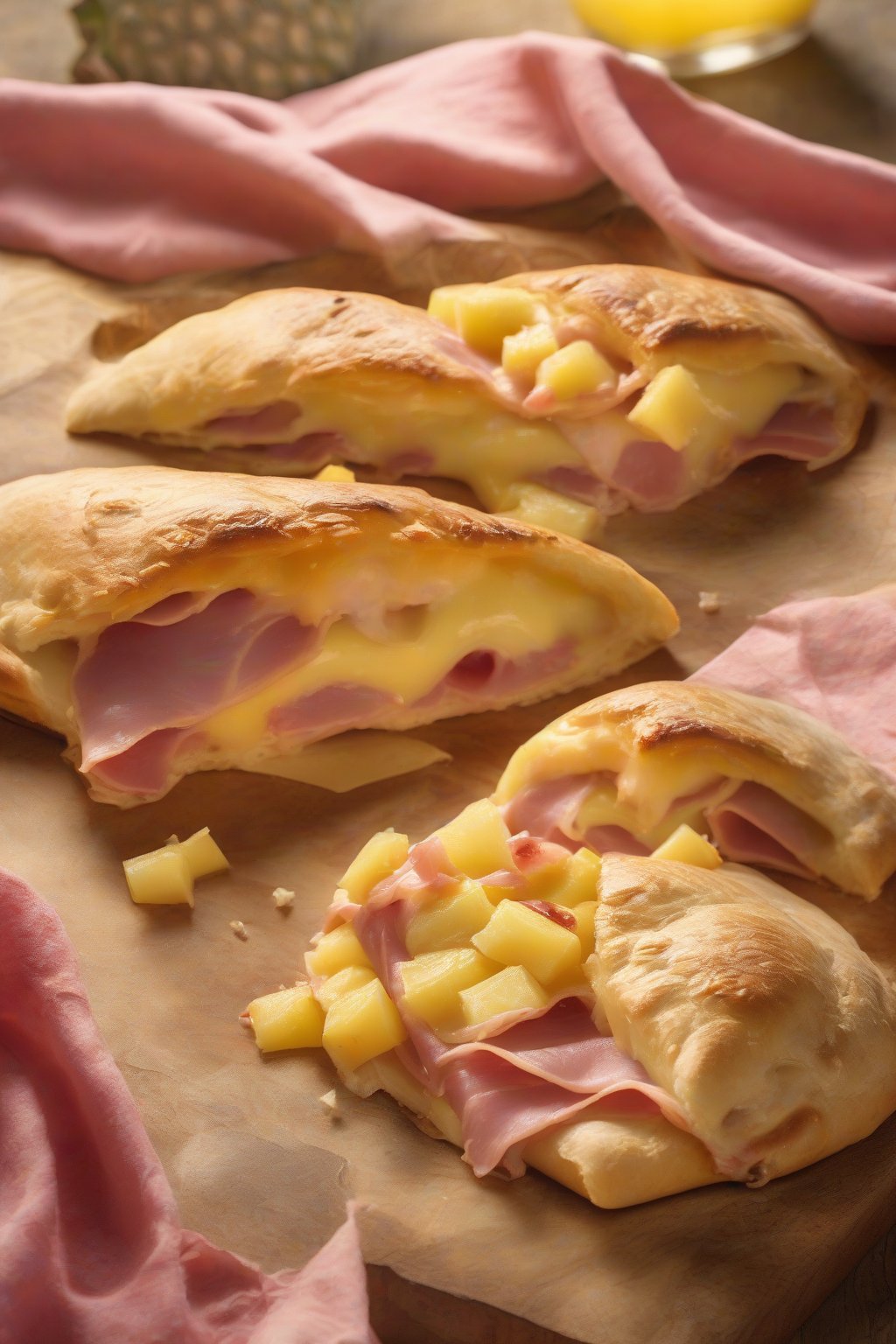 A high-resolution photo of a Hawaiian calzone sliced to show juicy pineapple and ham amid cheese, under soft lighting.