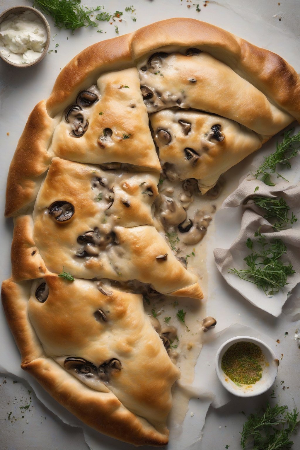 A high-resolution photo of a mushroom and goat cheese calzone with creamy filling spilling out, herbs sprinkled on top, under soft lighting.
