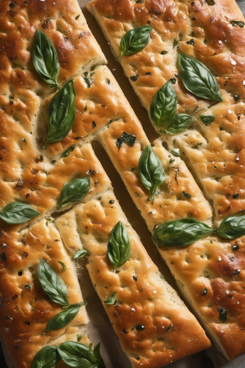 A high-resolution close-up photo of red-speckled bubbly sourdough focaccia with torn basil leaves under soft lighting.