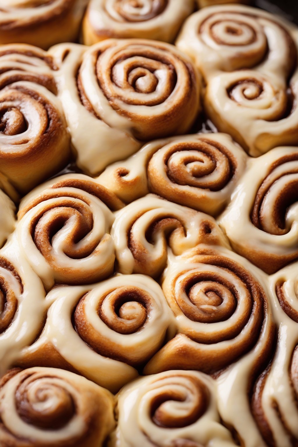 A high-resolution photo of golden classic swirled cinnamon rolls glistening with vanilla icing, sliced to show the tight cinnamon spirals, under soft lighting.