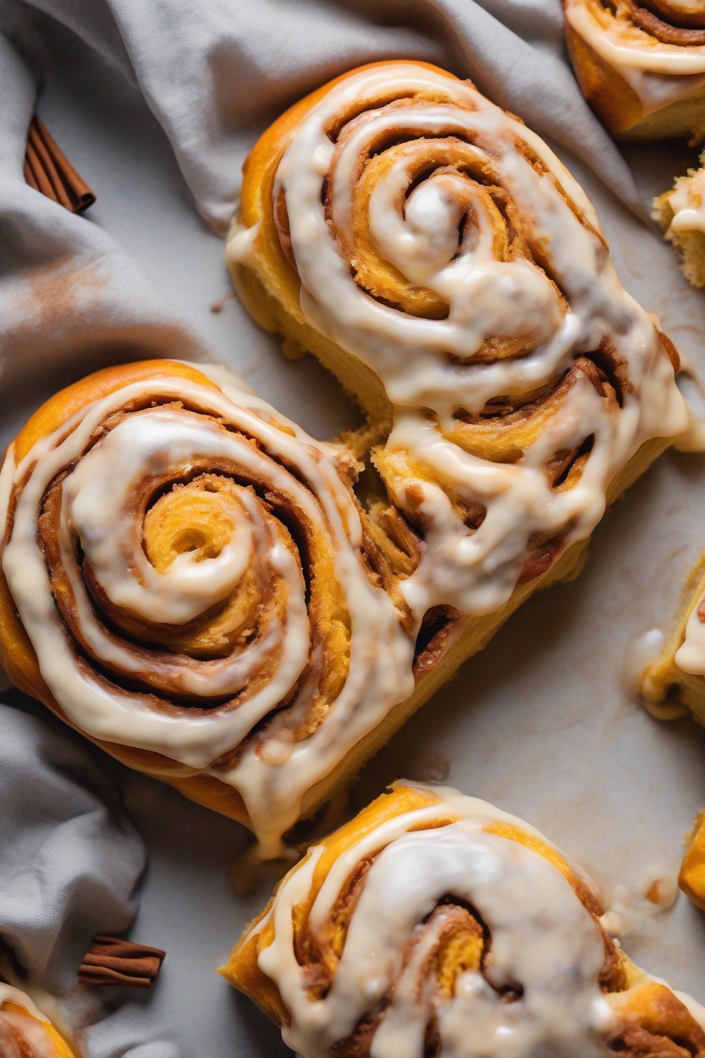 A high-resolution photo of autumn-hued pumpkin swirled cinnamon rolls topped with spiced orange icing, steam rising from the center swirl, under soft lighting.