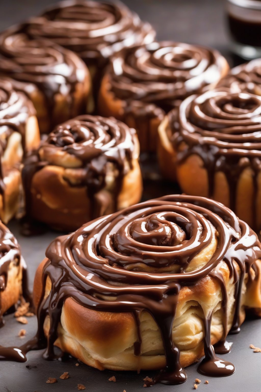 A high-resolution photo of chocolate-swirled cinnamon rolls oozing hazelnut filling, drizzled with glossy chocolate icing, under soft lighting.