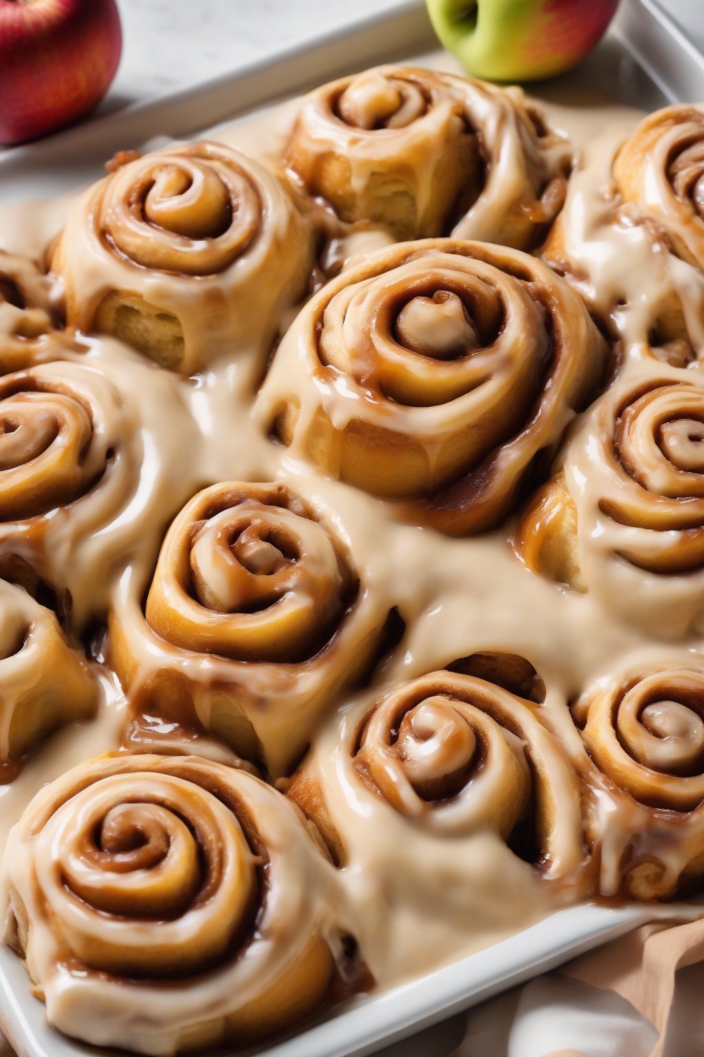 A high-resolution photo of apple pie-inspired cinnamon rolls with visible fruit chunks in the swirl, caramel icing cascading down, under soft lighting.
