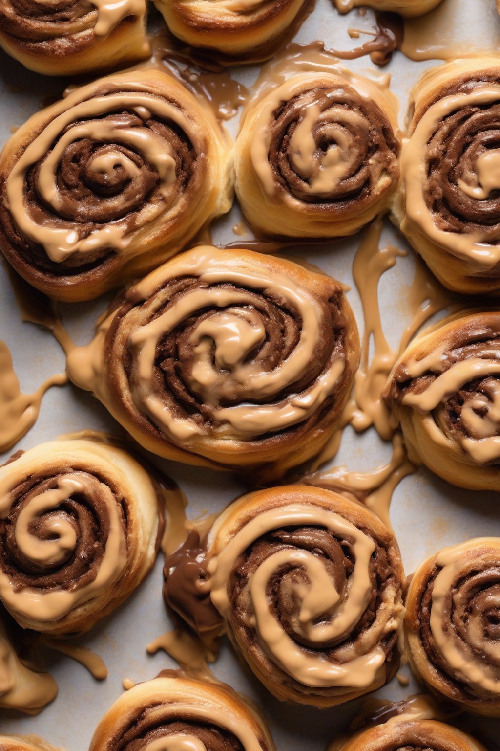 A high-resolution photo of peanut butter-swirled cinnamon rolls, gooey filling peeking out, chocolate-PB icing swirled on top, under soft lighting.