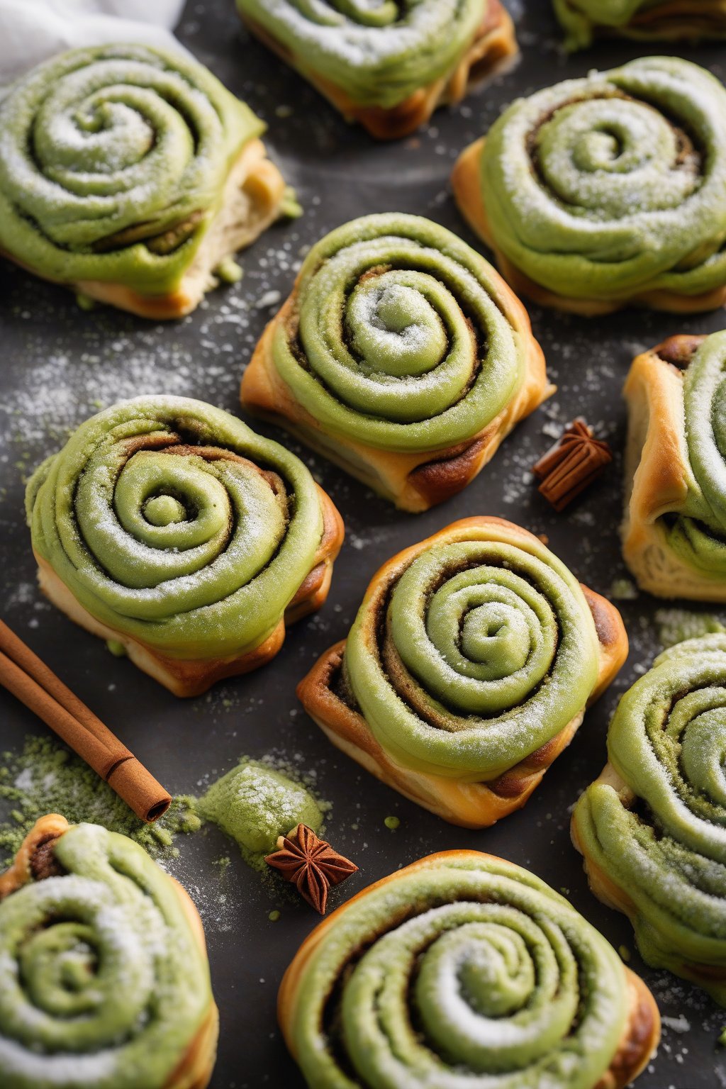 A high-resolution photo of green-tinted matcha swirled cinnamon rolls, powdered sugar and matcha icing dusting the fluffy tops, under soft lighting.