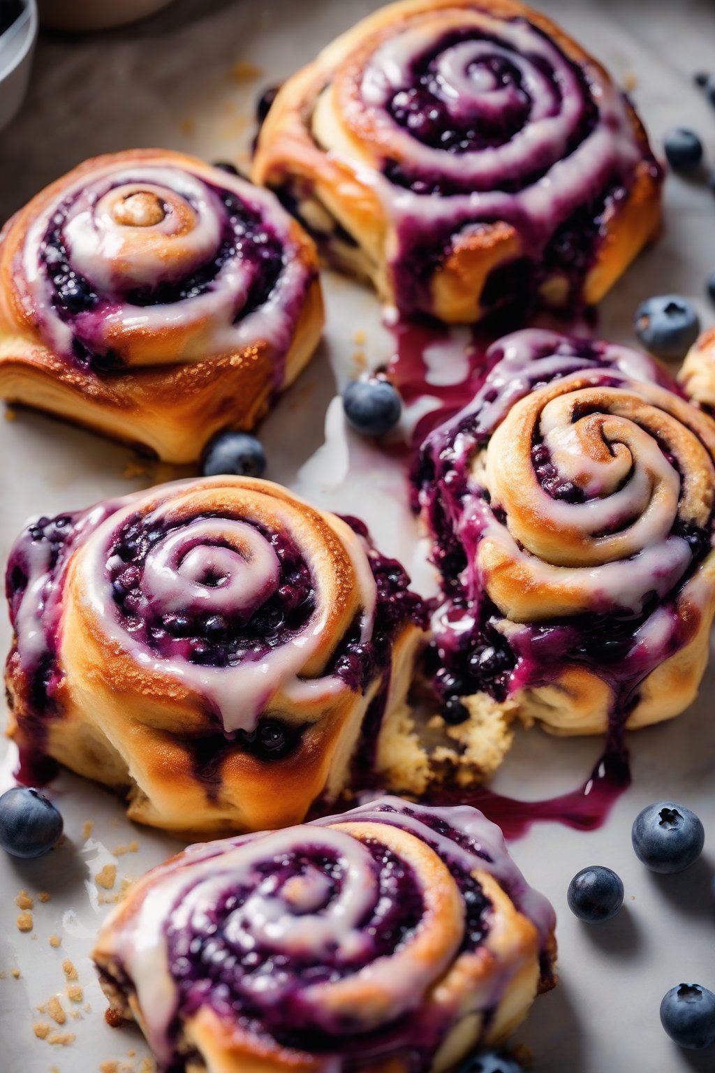 A high-resolution photo of blueberry-studded swirled cinnamon rolls, purple juices staining the icing with lemon brightness, under soft lighting.