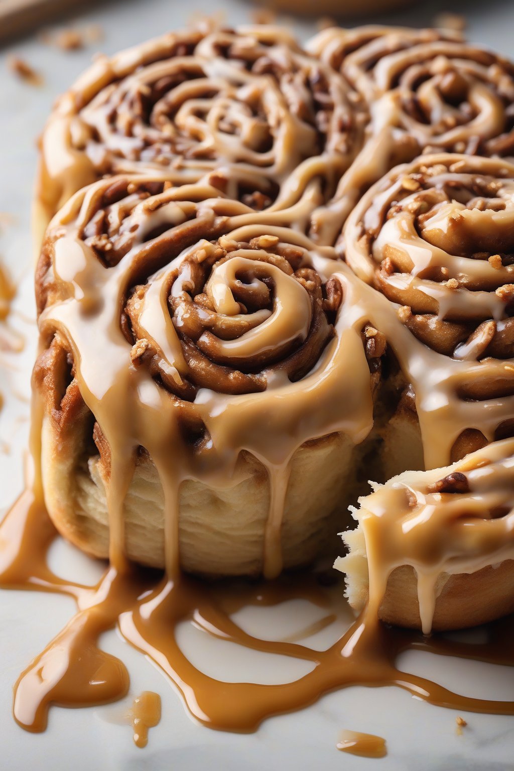 A high-resolution photo of pecan-crusted caramel apple cinnamon rolls, thick salted caramel icing pooling in the swirls, under soft lighting.