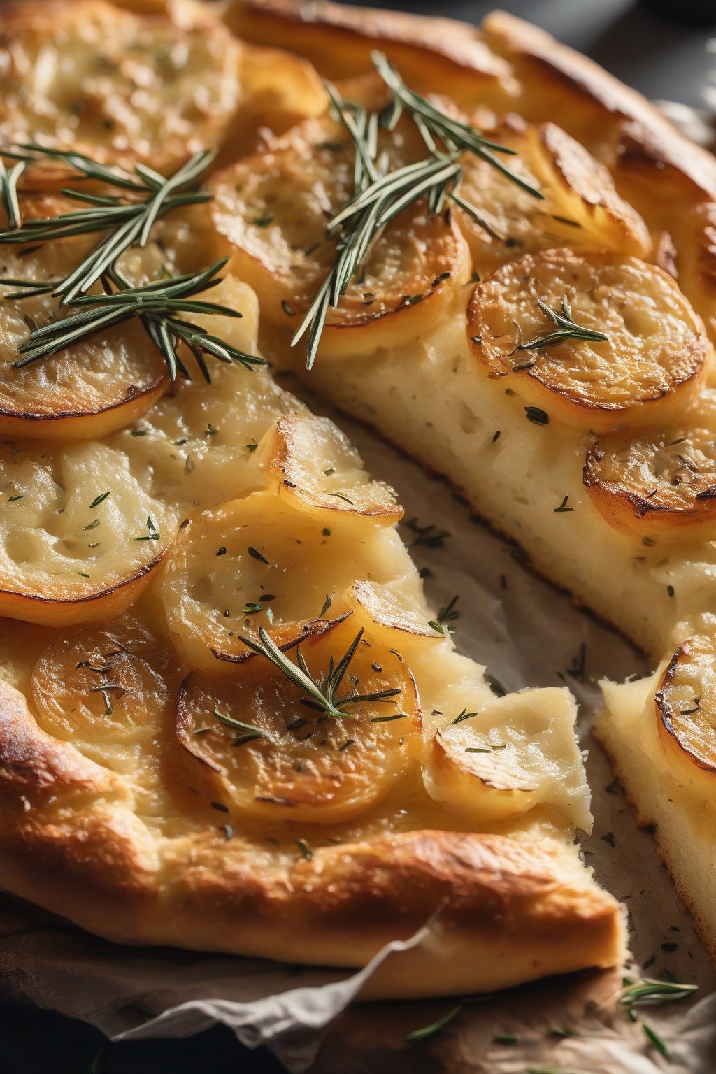 A high-resolution close-up photo of bubbly sourdough focaccia topped with crispy potato slices and rosemary under soft lighting.
