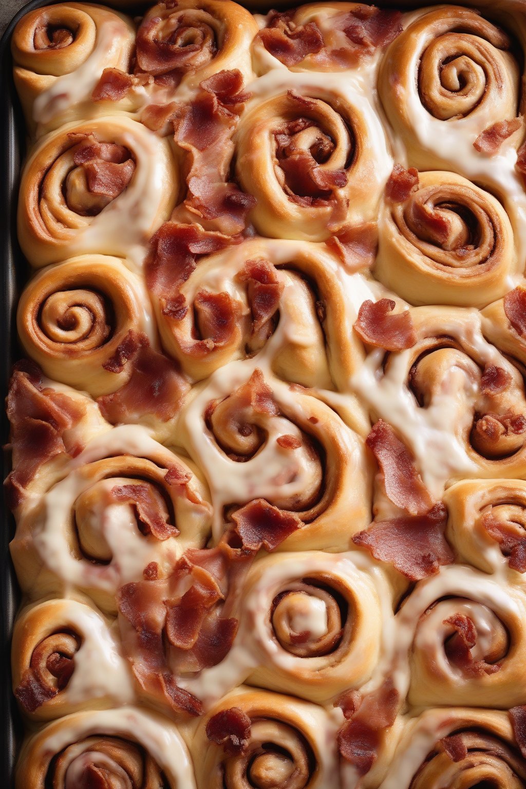 A high-resolution photo of bacon-flecked maple swirled cinnamon rolls, glossy maple icing with crispy bacon edges visible, under soft lighting.