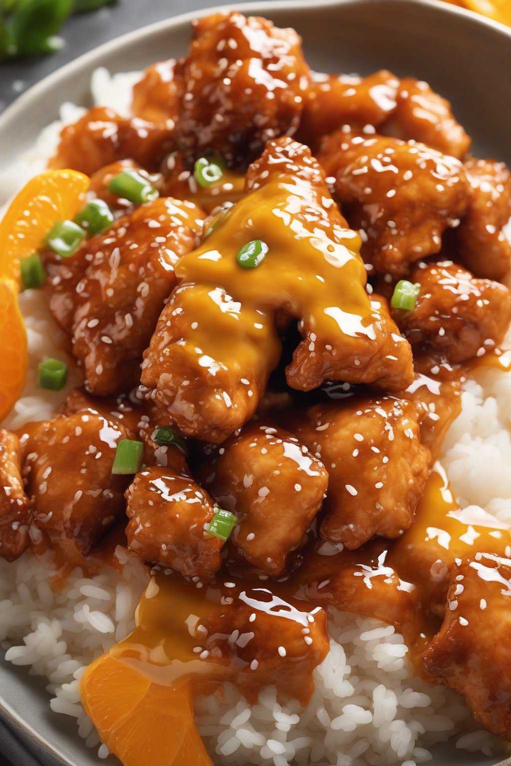 A high-resolution photo of crispy classic orange chicken glistening with tangy orange sauce, served over rice under soft lighting.