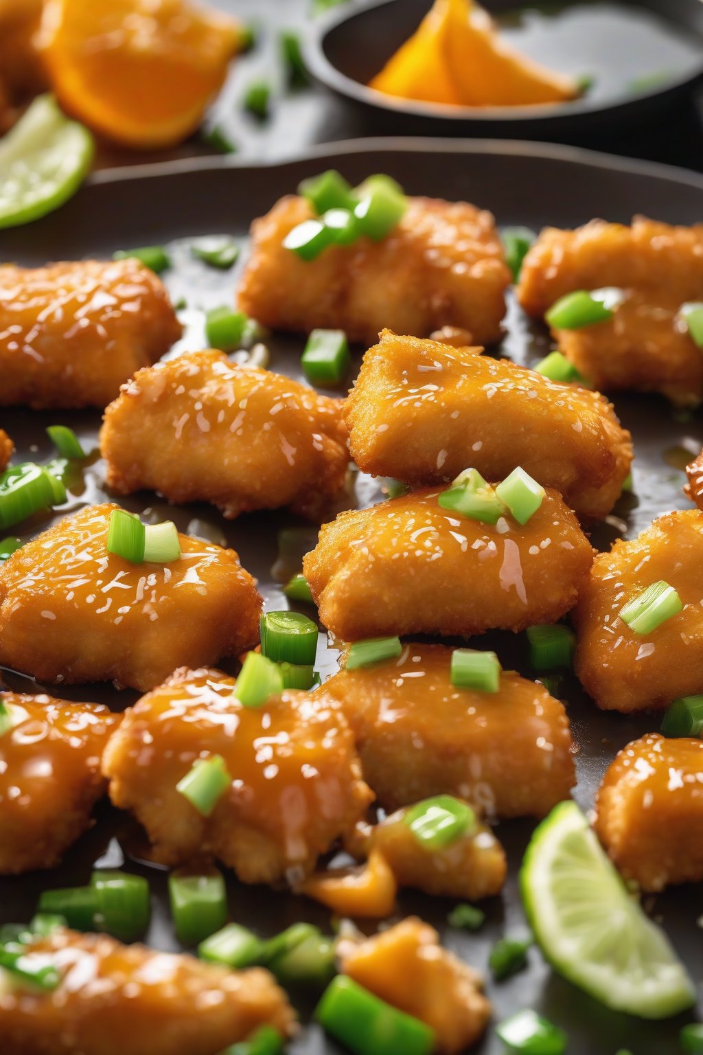 A high-resolution photo of baked orange chicken nuggets with golden crust and shiny glaze, garnished with green onions under soft lighting.