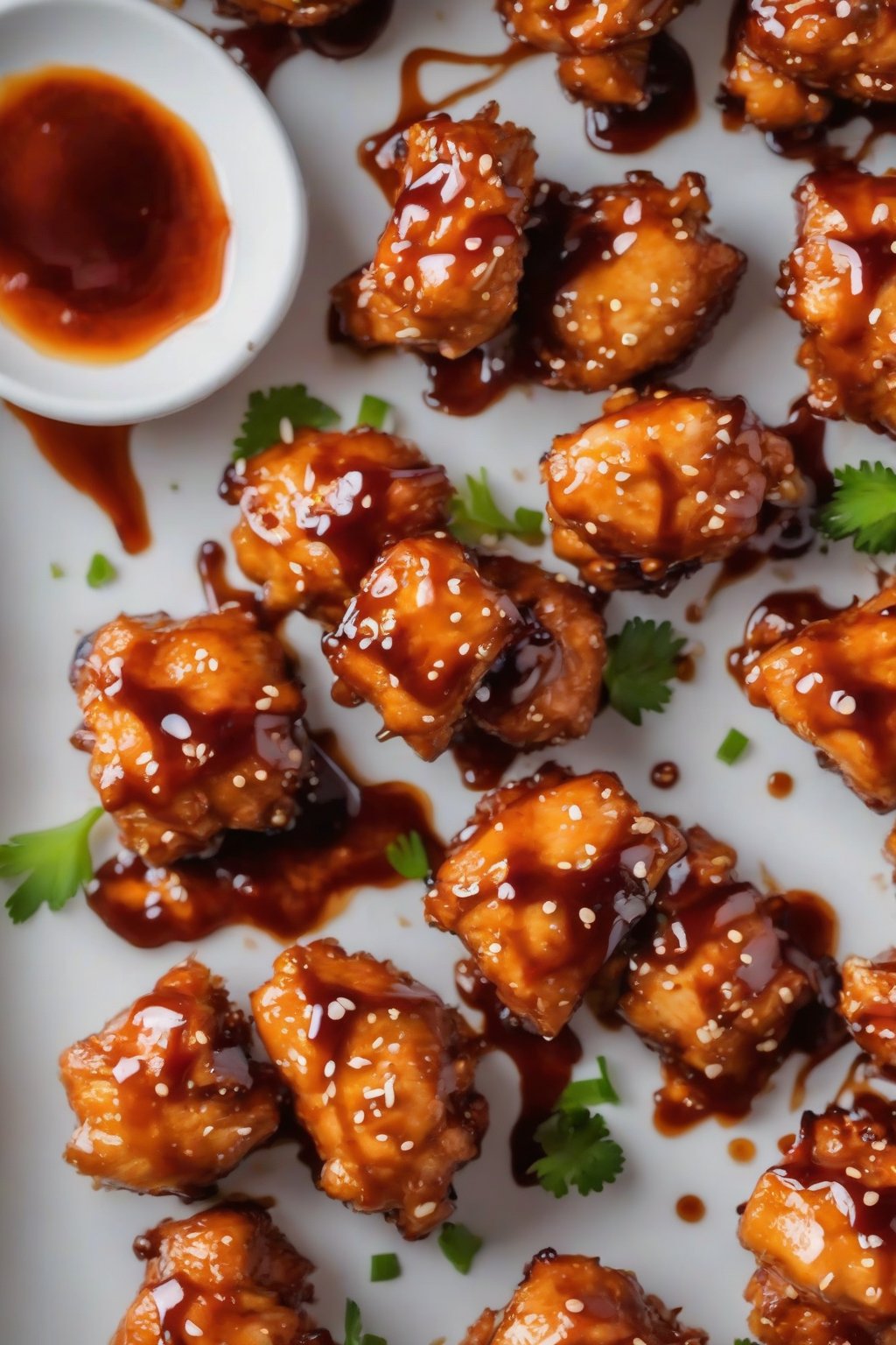 A high-resolution photo of air fryer orange chicken bites piled high with sticky sauce drizzle under soft lighting.