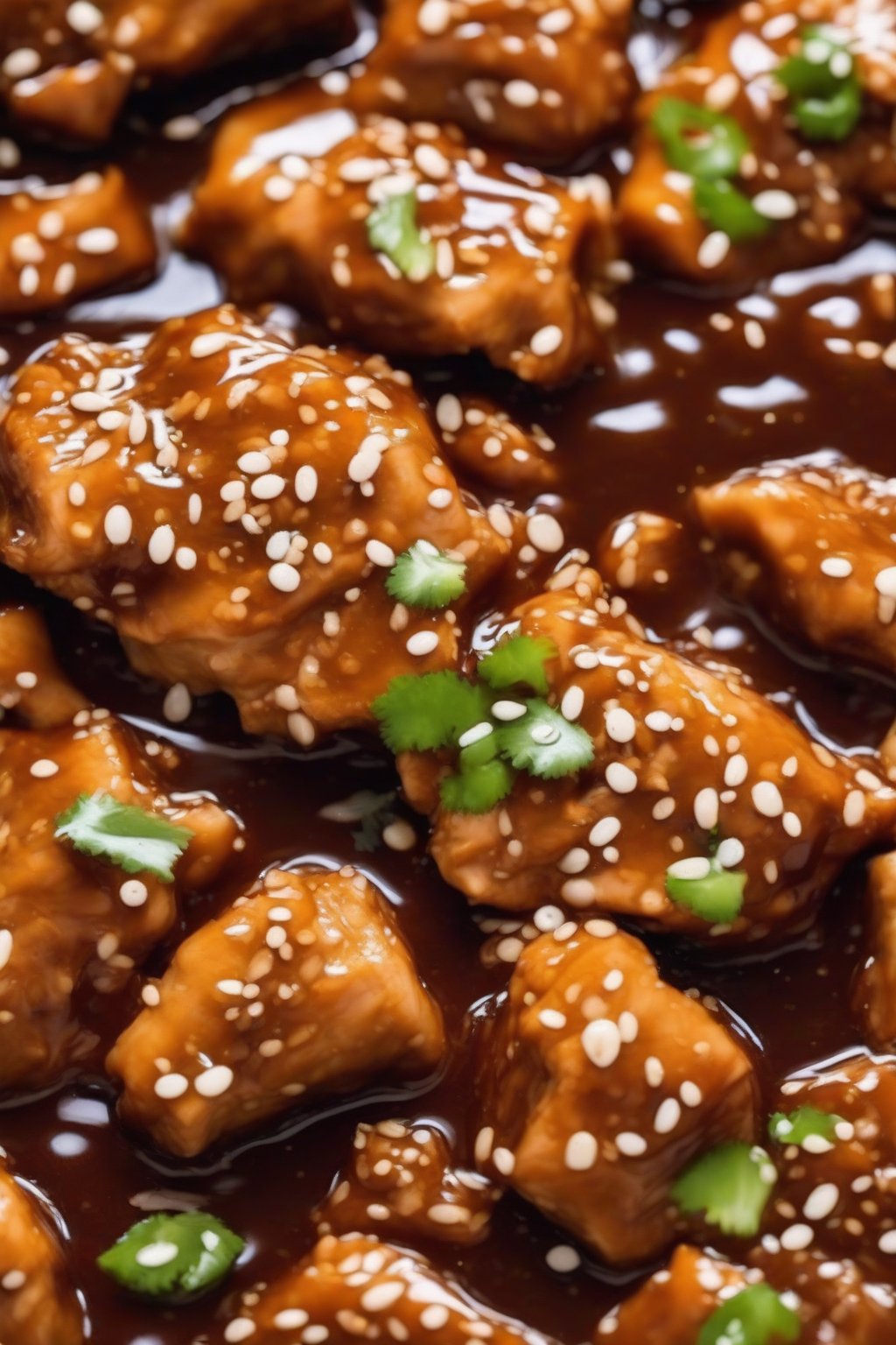 A high-resolution photo of slow cooker orange chicken in a glossy sauce with sesame seeds, served family-style under soft lighting.