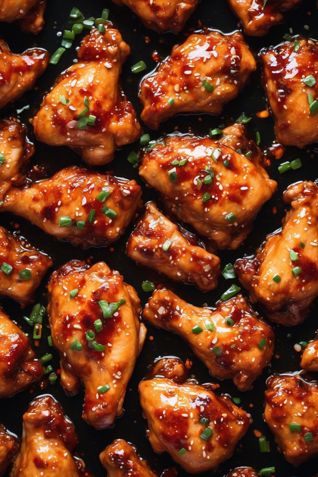 A high-resolution photo of spicy sriracha orange chicken with red flecks and glossy shine under soft lighting.