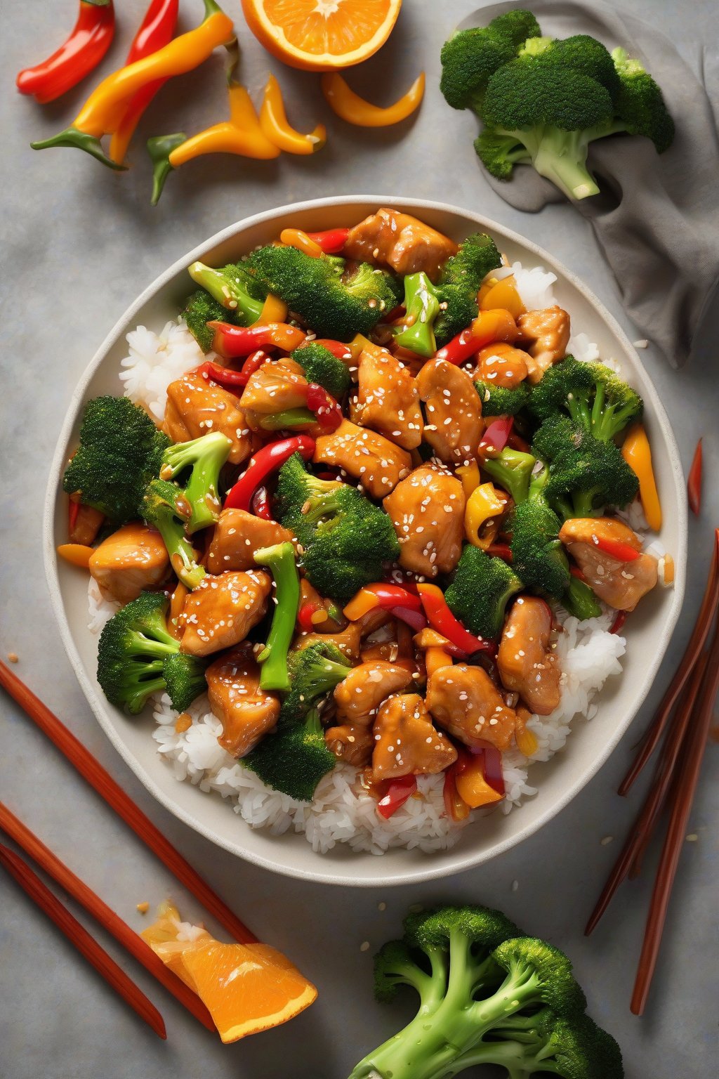 A high-resolution photo of orange chicken stir-fry with vibrant broccoli, peppers, and juicy orange bits under soft lighting.