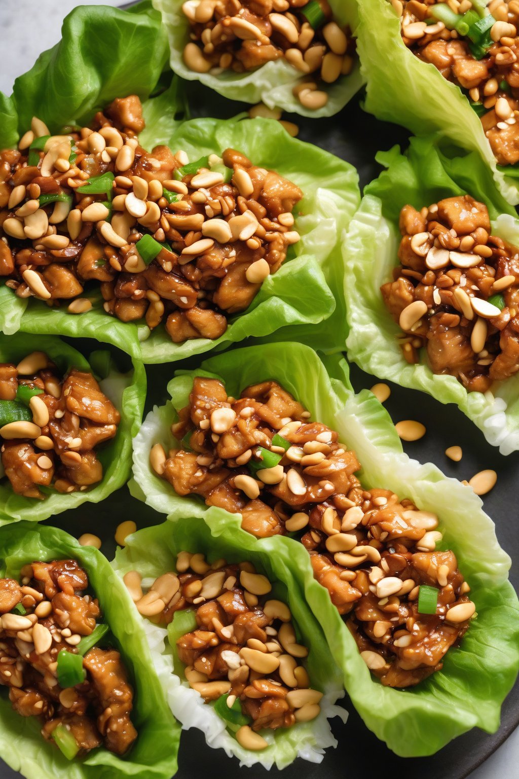 A high-resolution photo of orange chicken lettuce wraps open to show filling, topped with peanuts under soft lighting.