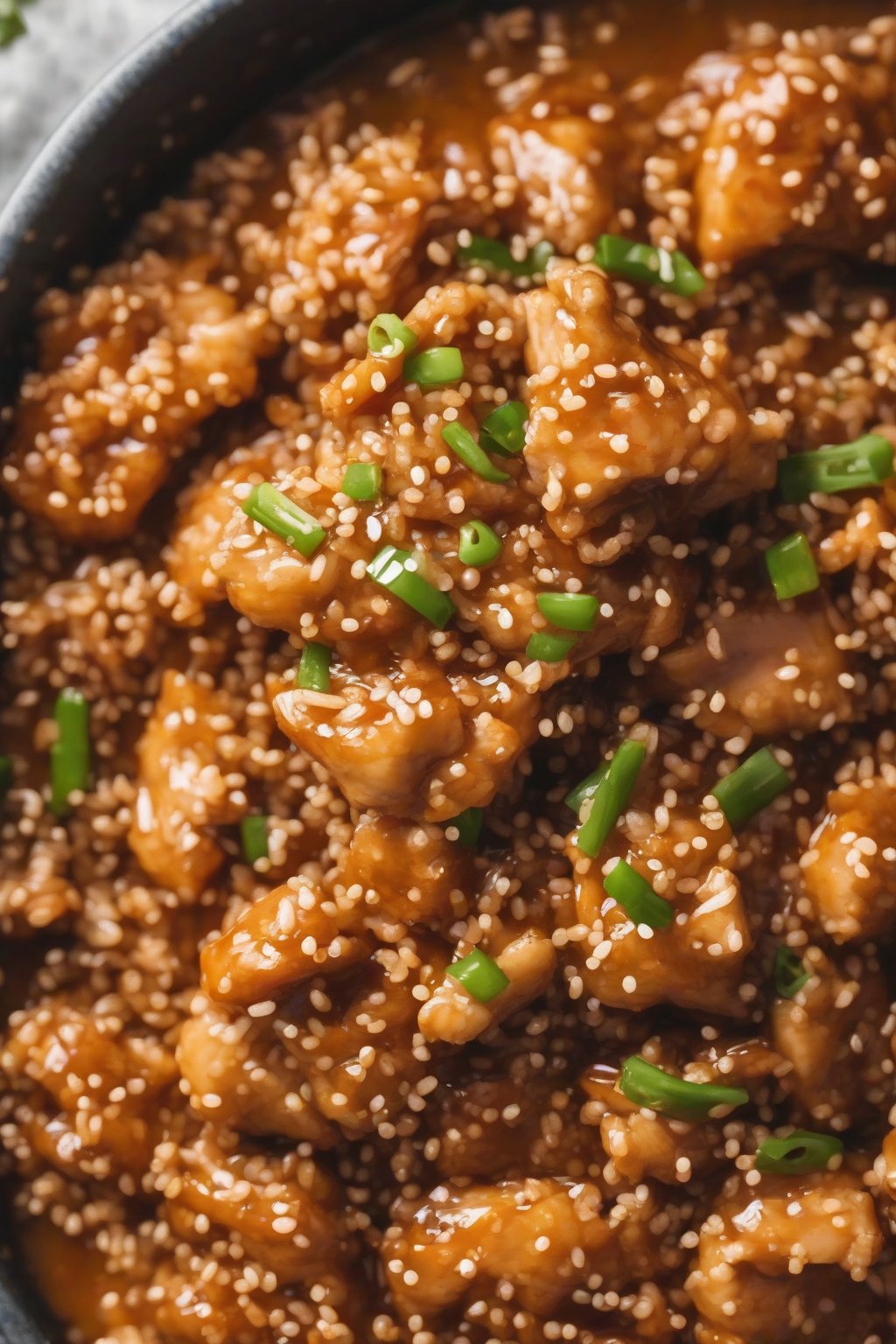 A high-resolution photo of Instant Pot orange chicken shredded in thick sauce over quinoa under soft lighting.