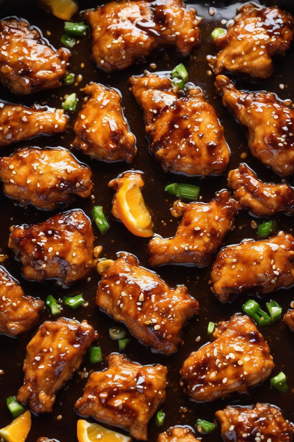 A high-resolution photo of honey garlic orange chicken thighs shiny and caramelized under soft lighting.