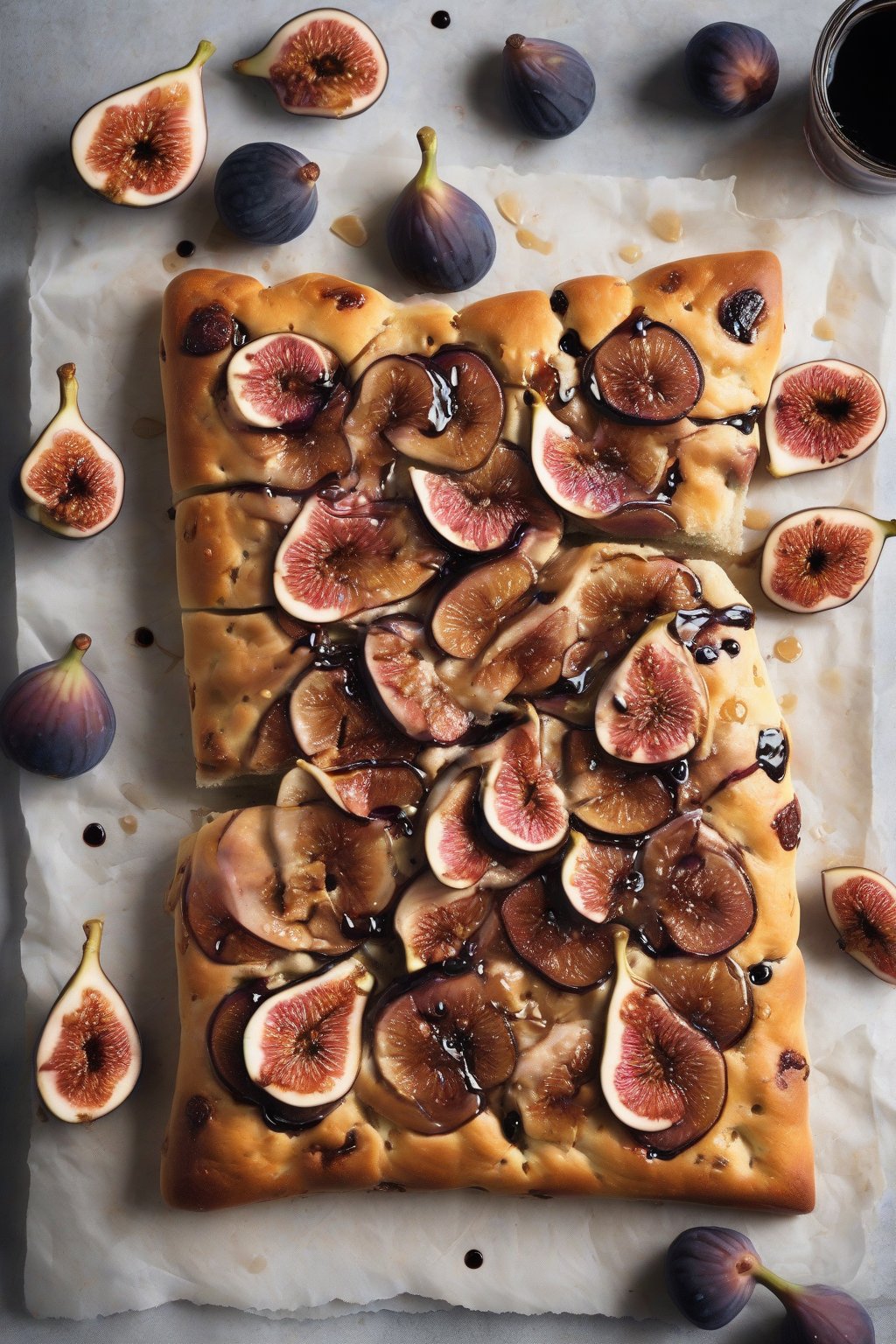 A high-resolution close-up photo of fruity bubbly sourdough focaccia with sliced figs and balsamic drizzle under soft lighting.