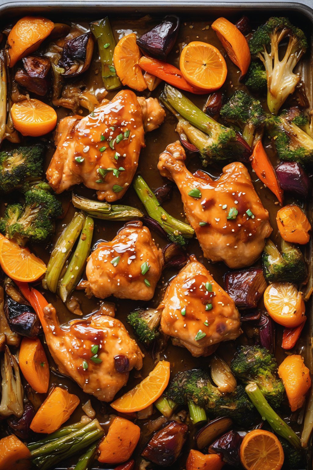 A high-resolution photo of sheet pan orange chicken with roasted veggies in tangy glaze under soft lighting.