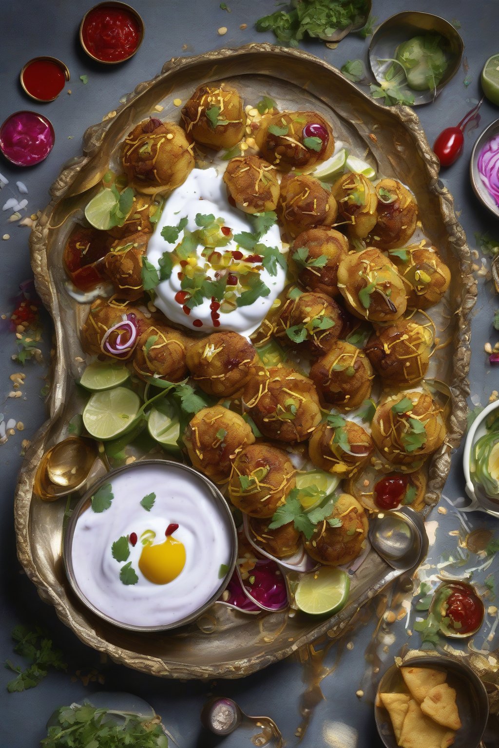 A high-resolution photo of golden aloo tikki chaat topped with swirling yogurt and chutneys under soft lighting.