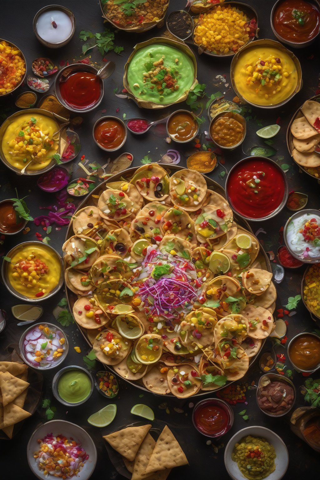 A high-resolution photo of papdi chaat overflowing with colorful toppings and glossy chutneys under soft lighting.