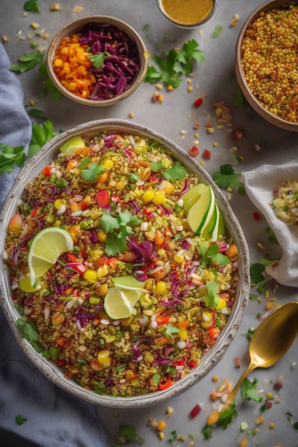 A high-resolution photo of vibrant quinoa bhel puri in a bowl with fresh veggies and drizzled chutney under soft lighting.