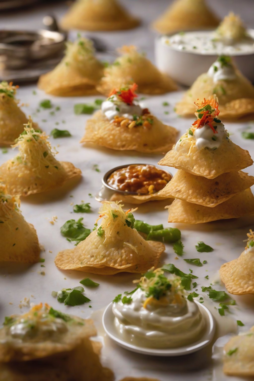 A high-resolution photo of stacked sev puri towers glistening with yogurt and chutney under soft lighting.