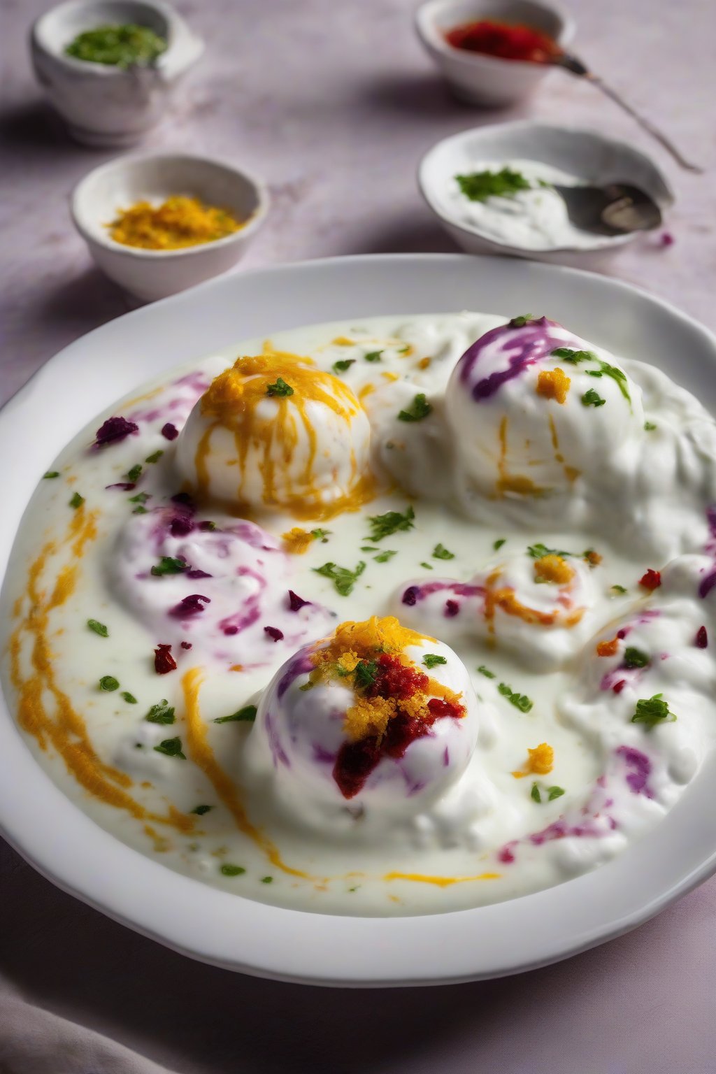 A high-resolution photo of dahi bhalla floating in creamy yogurt with colorful chutney swirls under soft lighting.
