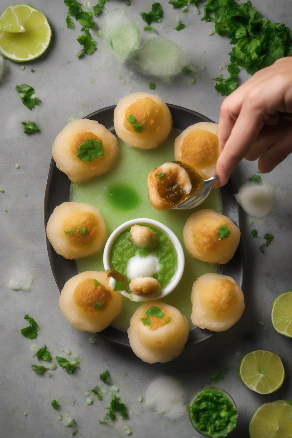 A high-resolution photo of pani puri being dipped in frothy green-tangy pani under soft lighting.
