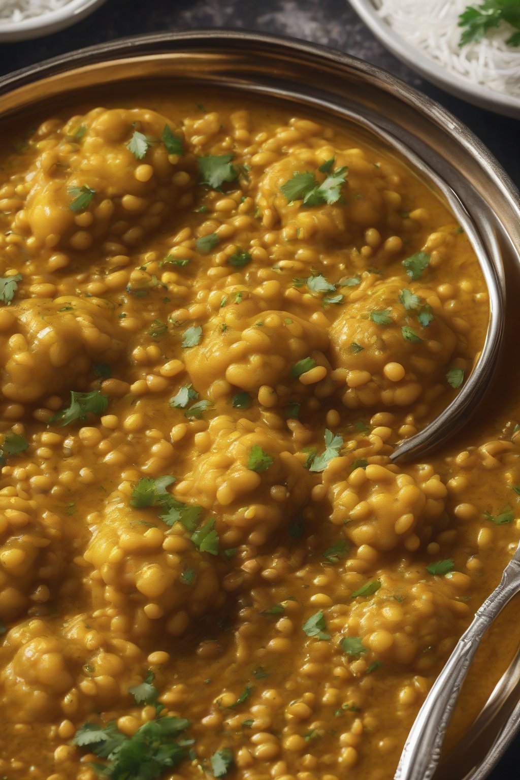 A high-resolution photo of ragda pattice smothered in thick curry and crunchy sev under soft lighting.