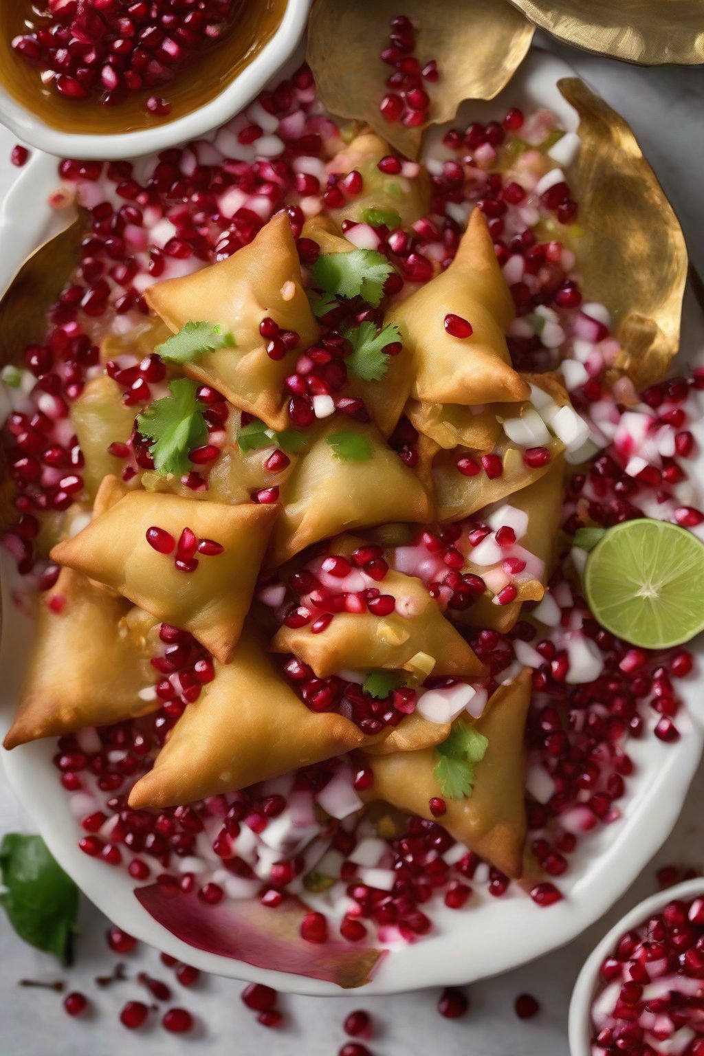 A high-resolution photo of samosa chaat with flaky bits and jewel-like pomegranate seeds under soft lighting.