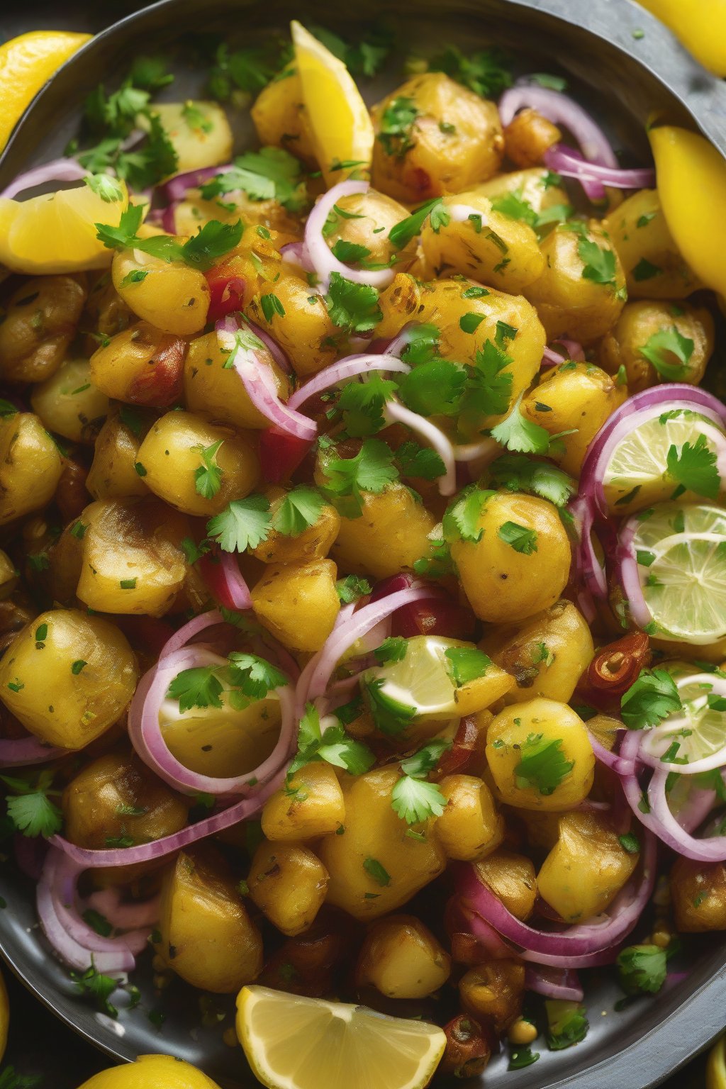 A high-resolution photo of golden aloo chaat tossed with zesty lemon dressing under soft lighting.