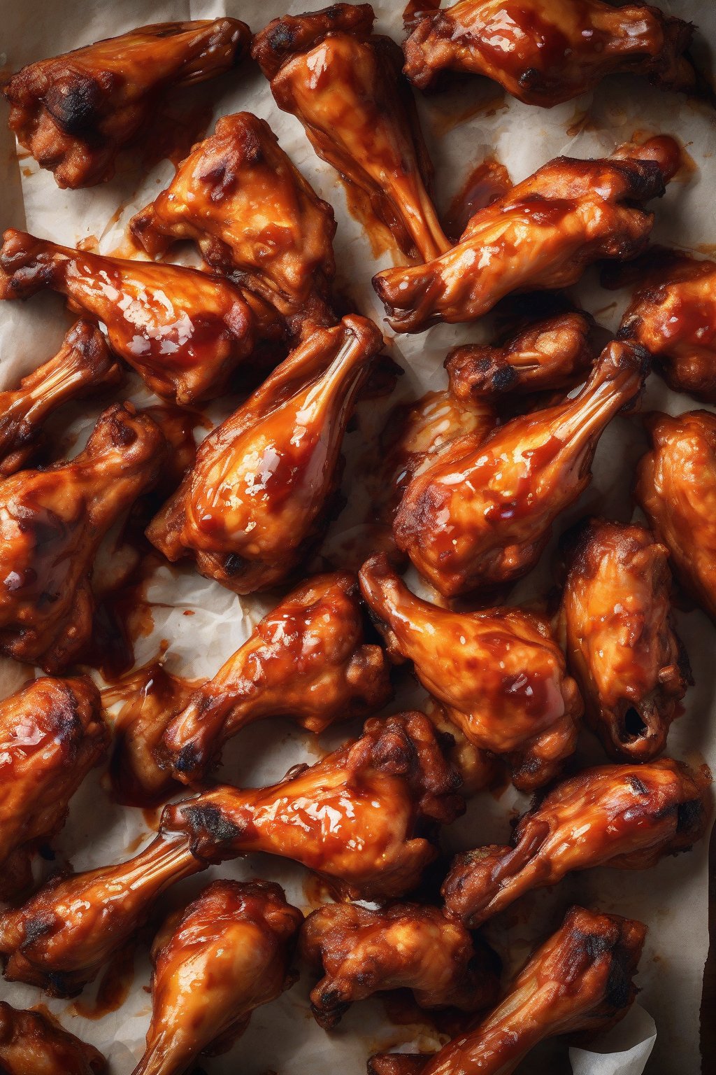 A high-resolution photo of saucy BBQ-Buffalo wings with a smoky char, piled high on parchment paper under soft lighting.