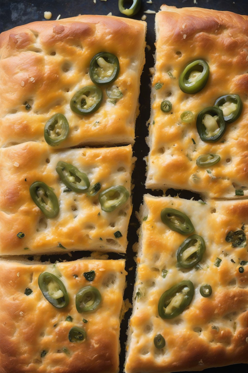 A high-resolution close-up photo of cheesy bubbly sourdough focaccia with green jalapeño bits oozing cheddar under soft lighting.