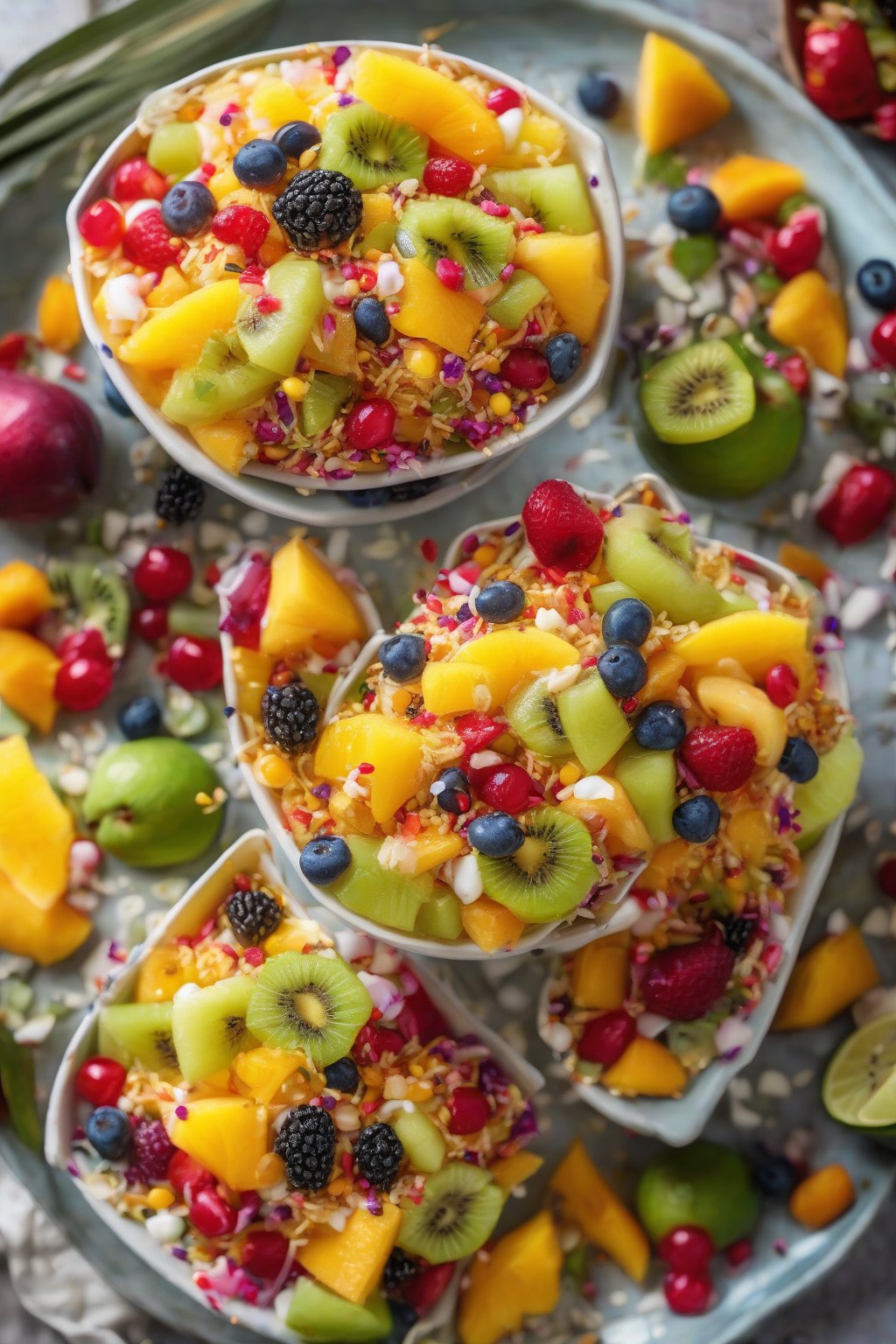 A high-resolution photo of colorful tropical fruit chaat sprinkled with sev under soft lighting.