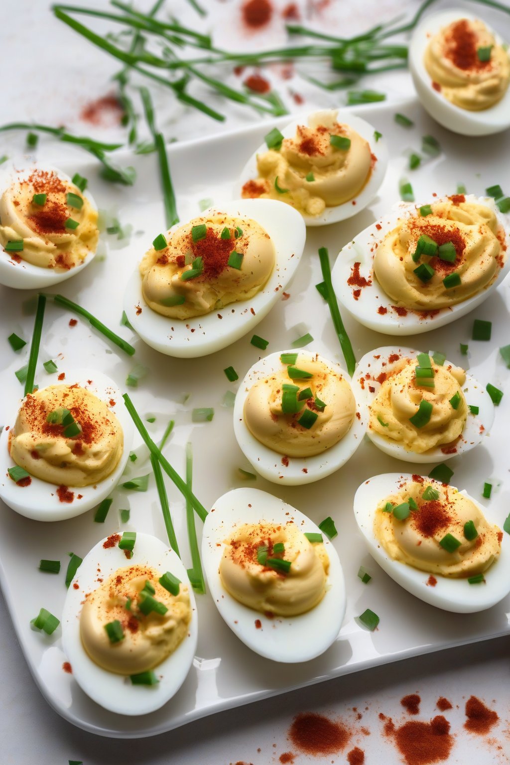 A high-resolution photo of classic deviled eggs topped with paprika and chives on a white platter under soft lighting.