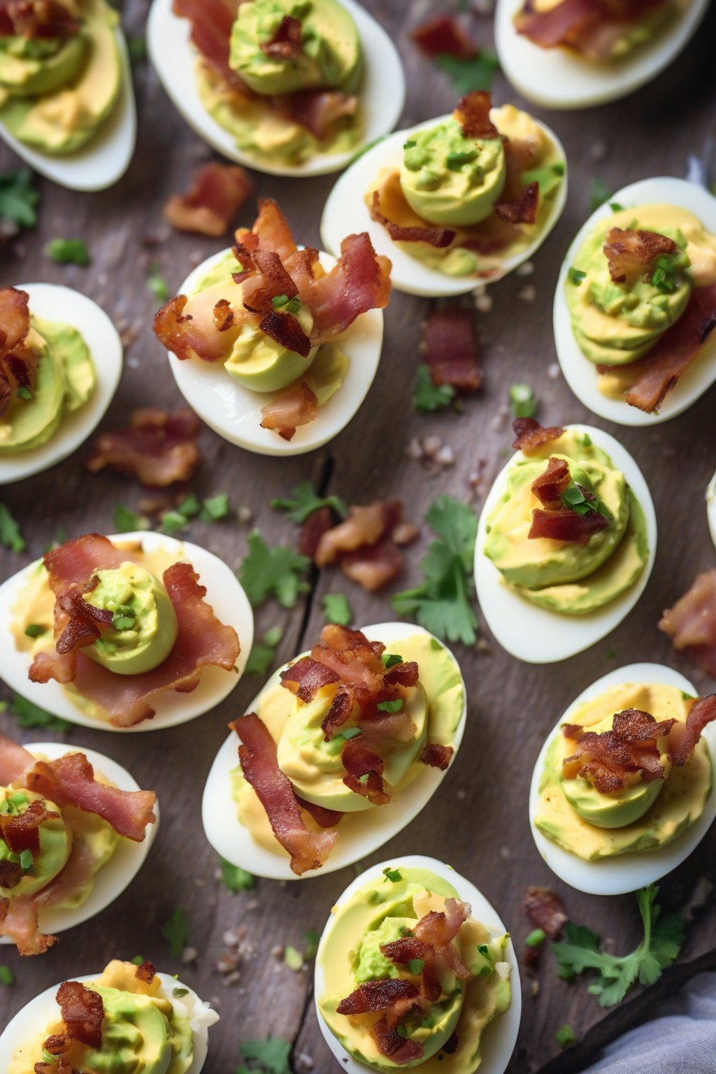 A high-resolution photo of bacon avocado deviled eggs garnished with bacon crumbles on a rustic board under soft lighting.
