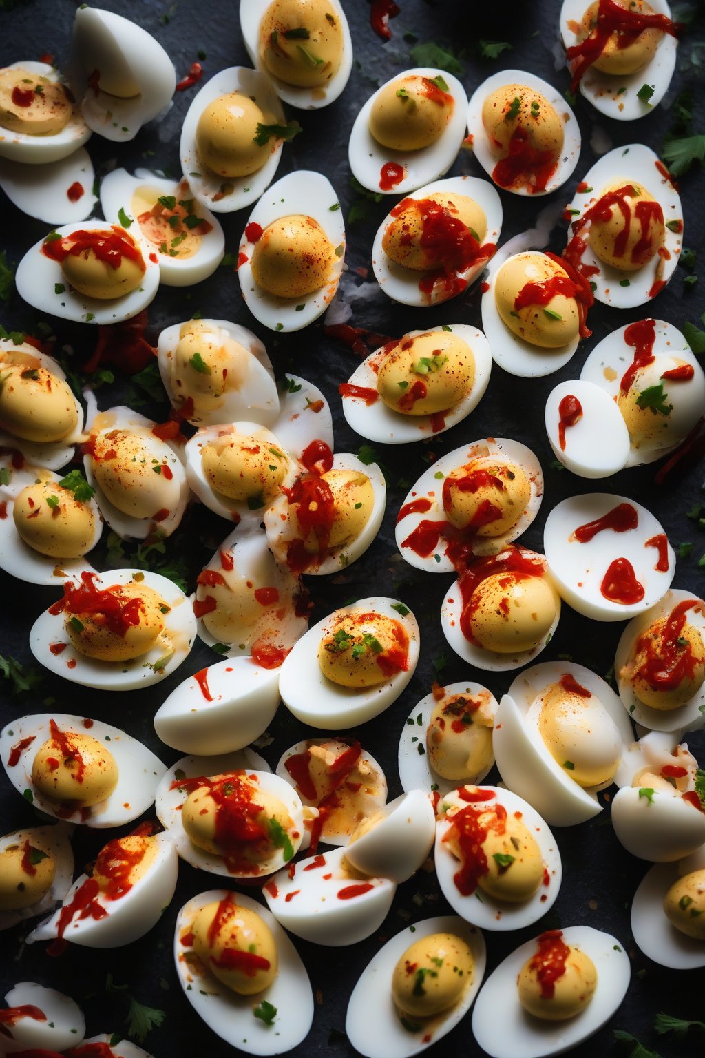 A high-resolution photo of spicy Sriracha deviled eggs with red drizzles on a black slate under soft lighting.