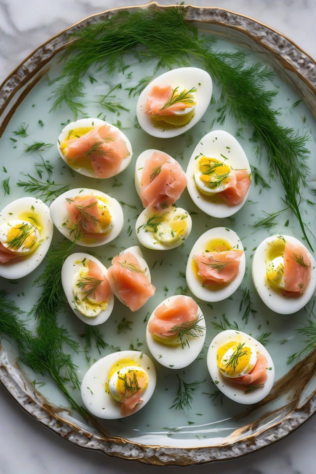 A high-resolution photo of smoked salmon deviled eggs topped with dill sprigs on a elegant plate under soft lighting.