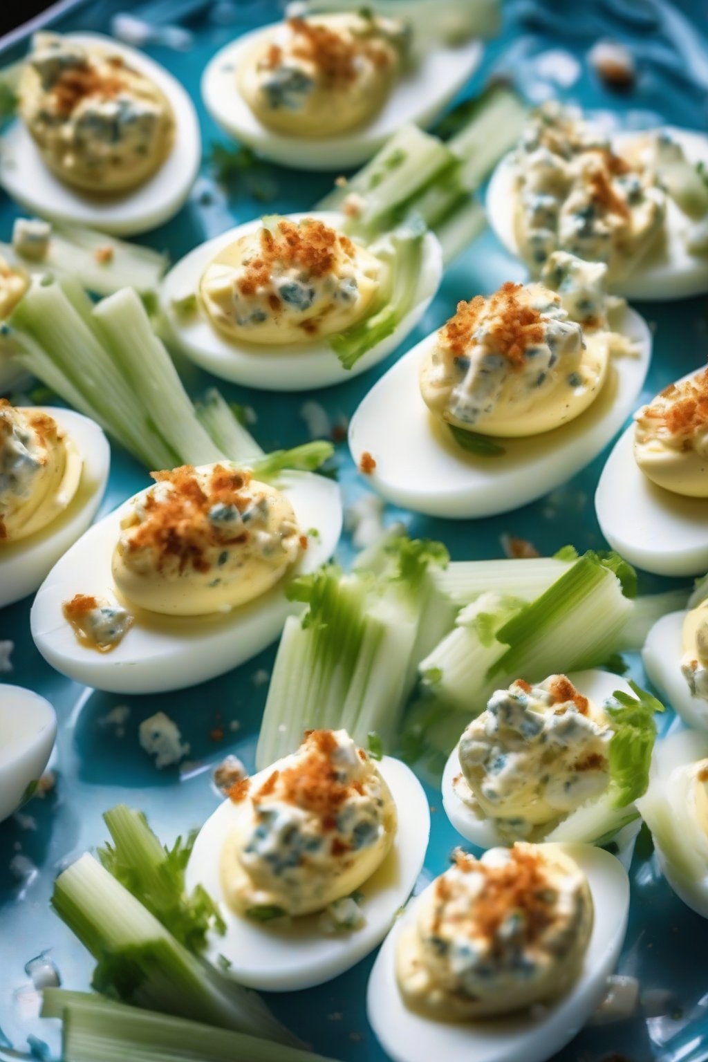 A high-resolution photo of buffalo blue cheese deviled eggs with celery garnish on a sports-themed tray under soft lighting.