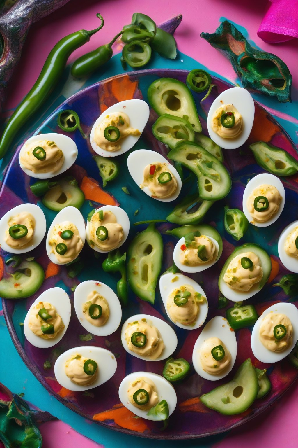 A high-resolution photo of pickled jalapeño deviled eggs with green slices on a colorful platter under soft lighting.