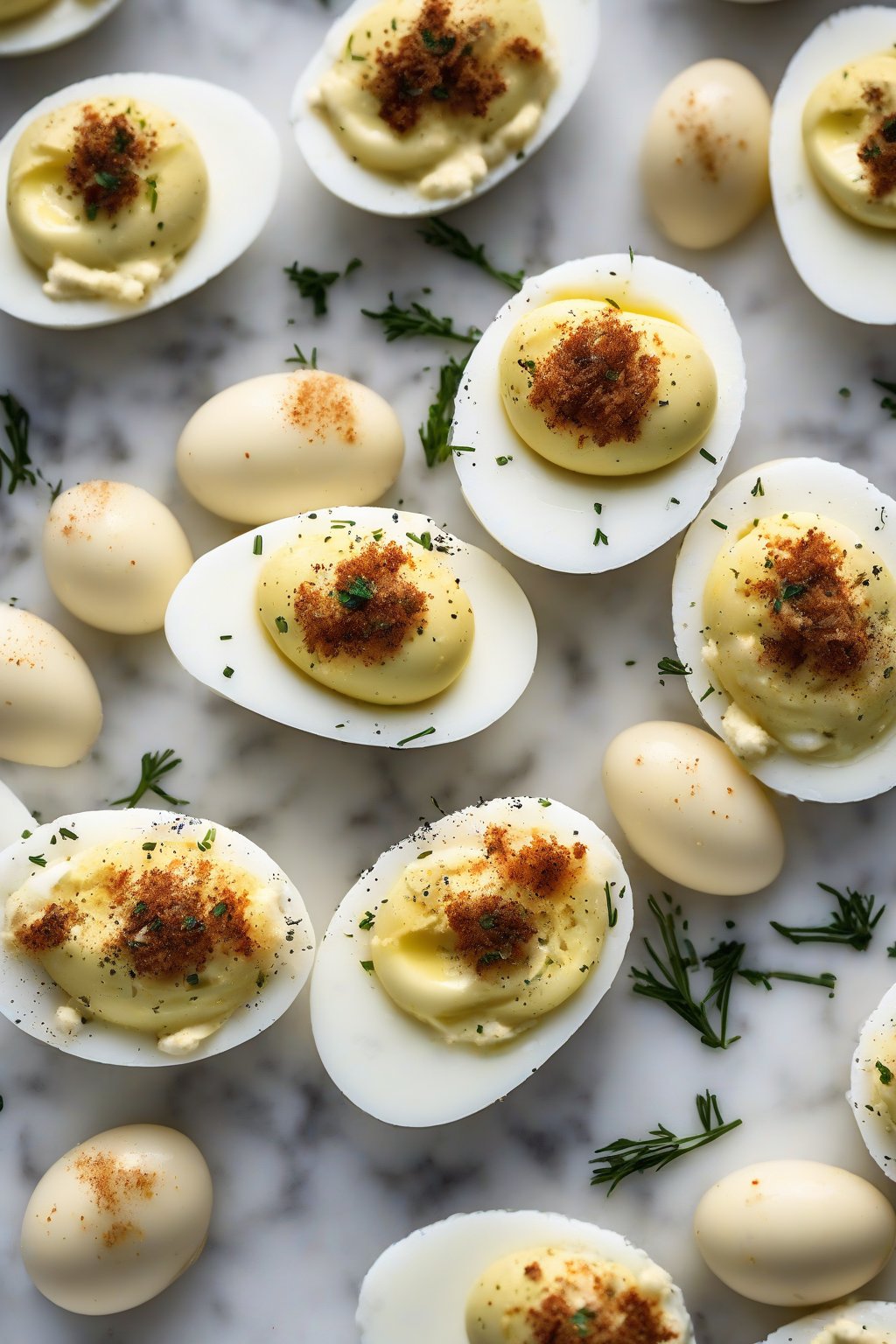 A high-resolution photo of truffle deviled eggs dusted with Parmesan on a marble surface under soft lighting.