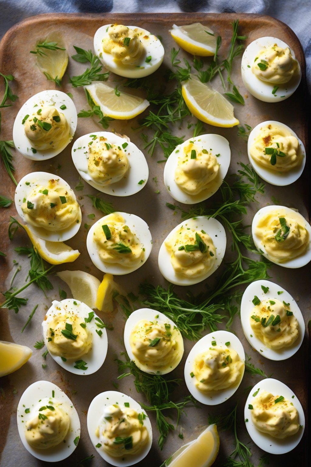 A high-resolution photo of Greek yogurt deviled eggs with lemon zest on a fresh herb-lined board under soft lighting.