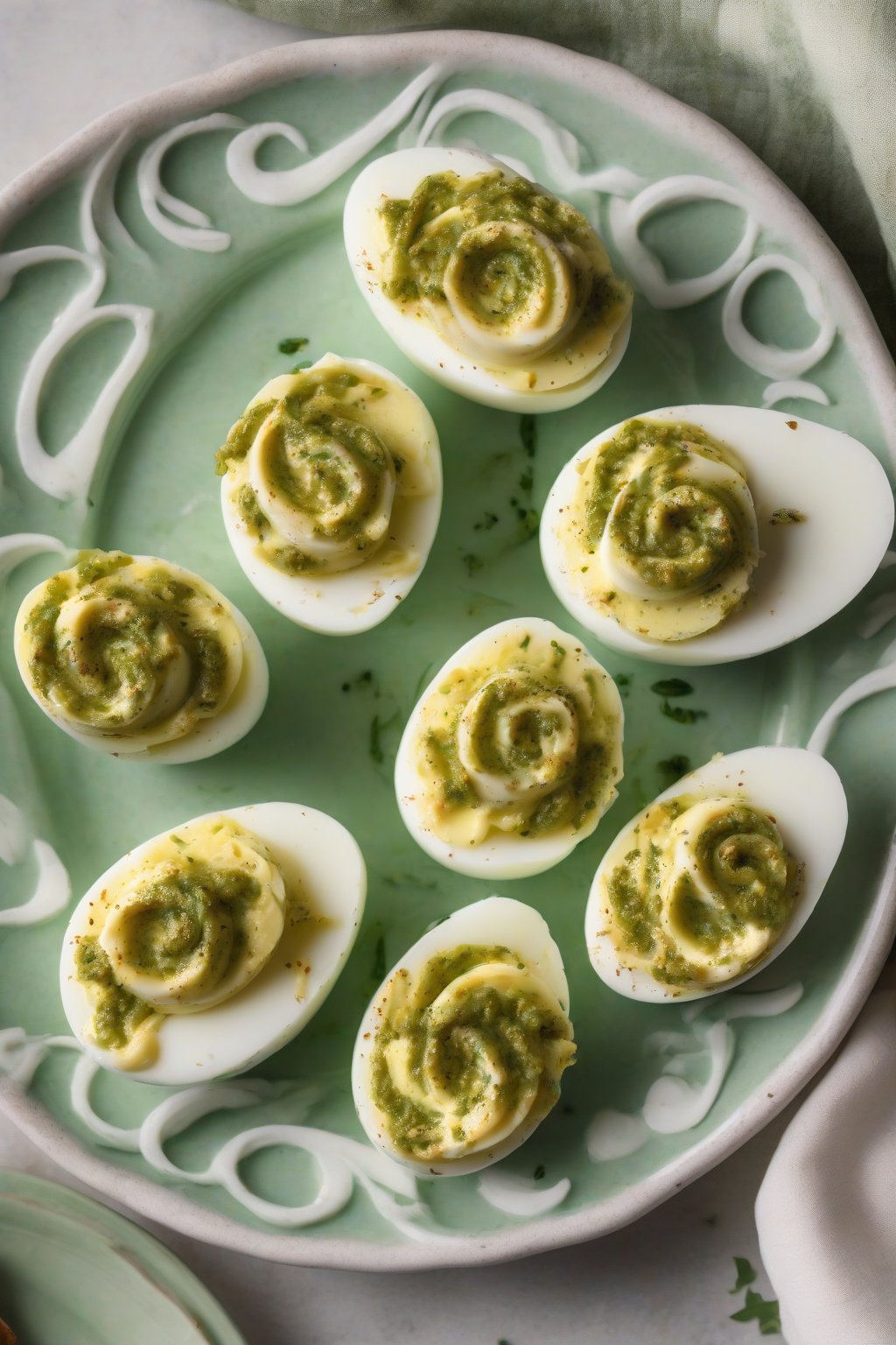 A high-resolution photo of pesto deviled eggs with green swirls on an Italian-inspired plate under soft lighting.
