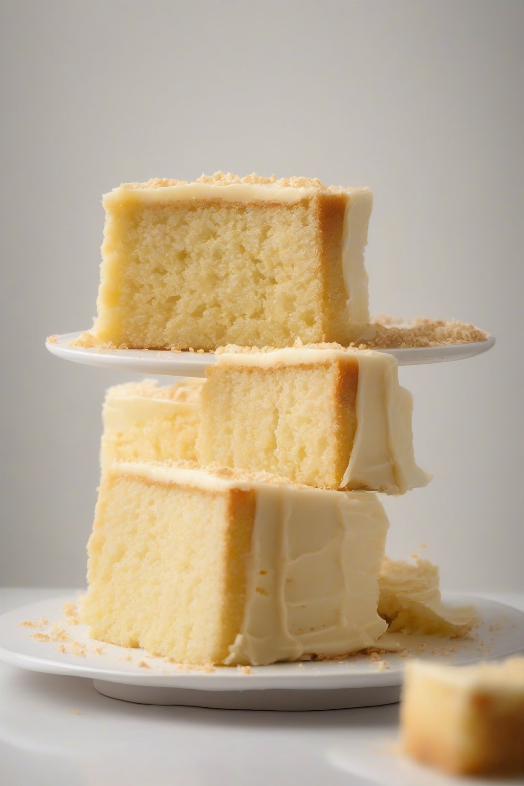 A high-resolution photo of a sliced classic moist buttery yellow cake on a white cake stand, golden crumb visible, under soft lighting.