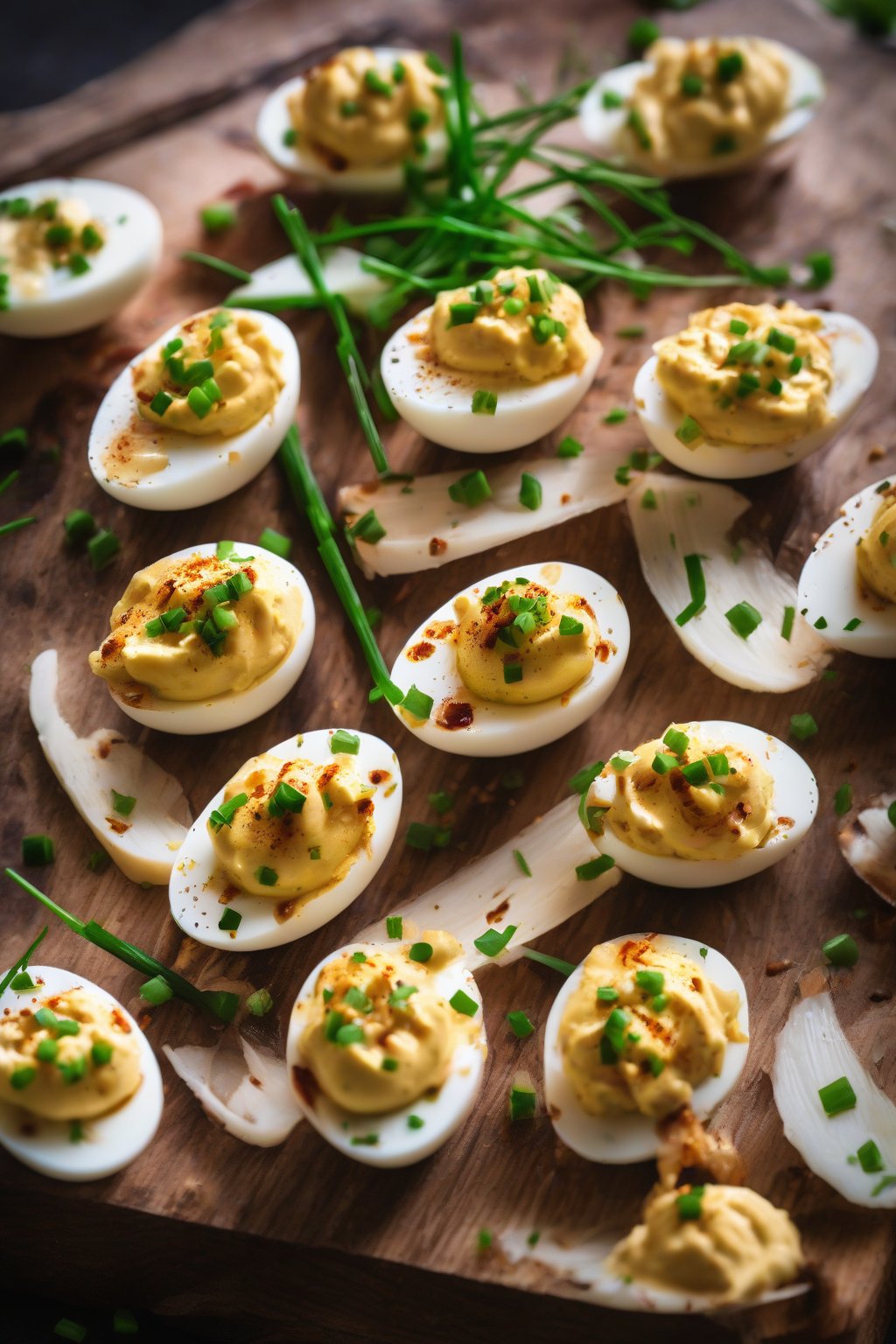 A high-resolution photo of BBQ deviled eggs garnished with chives on a wooden board under soft lighting.